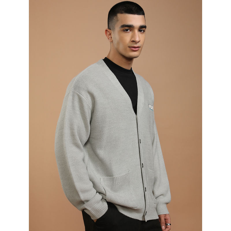 HIGHLANDER Men Grey Pluto Textured Ribbed Cardigan Sweater (L)