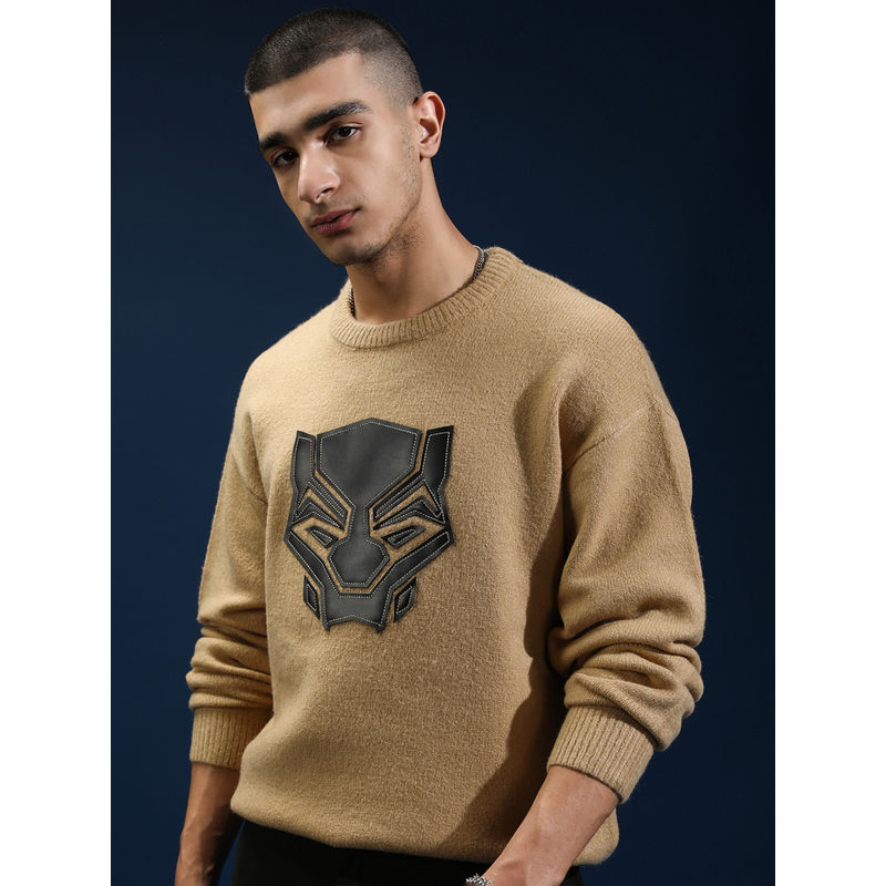 HIGHLANDER Black Panther Men Tan Textured Round Neck Sweater (L)
