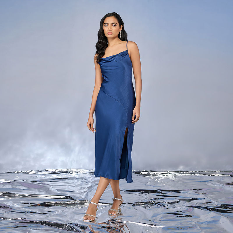 RSVP by Nykaa Fashion Navy Blue Solid Satin Strappy Cowl Neck Party Dress (XS)