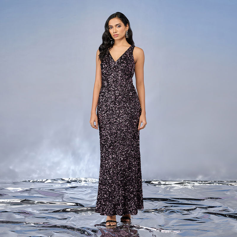 RSVP by Nykaa Fashion Wine Sequin V Neck Sleeveless Gown (L)
