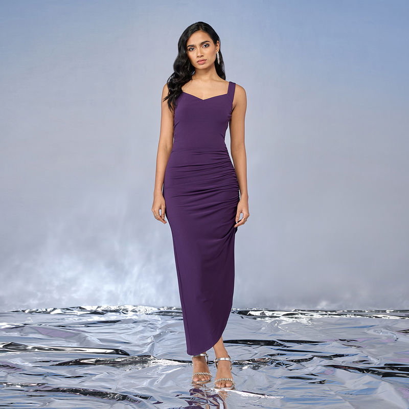 RSVP by Nykaa Fashion Purple Solid Sweetheart Neck Asymmetric Maxi Dress (S)