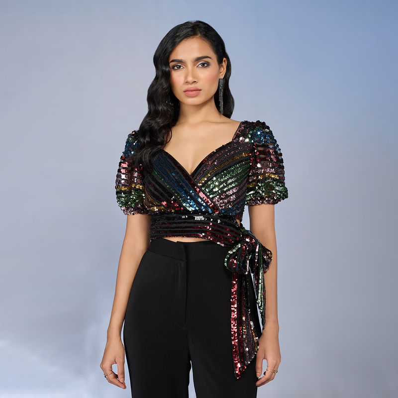 RSVP by Nykaa Fashion Multi-Color Sequin Puff Sleeves Crop Top (XS)