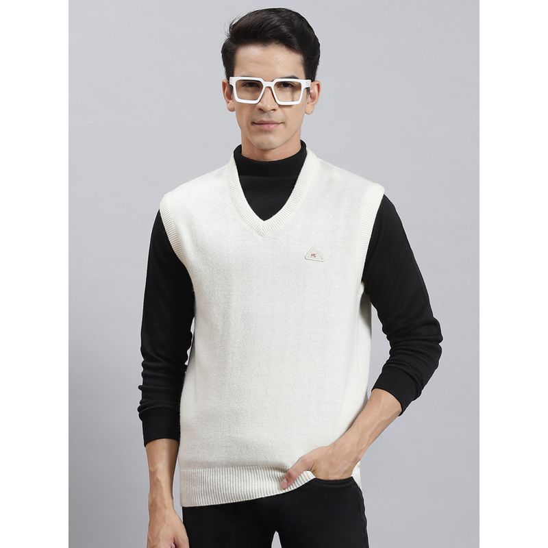 Monte Carlo Off White Solid V Neck Sweater (L)