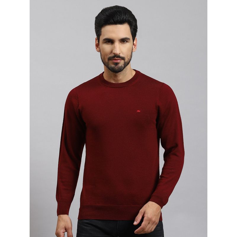 Monte Carlo Dark Maroon Solid Round Neck Pullover Sweater (M)