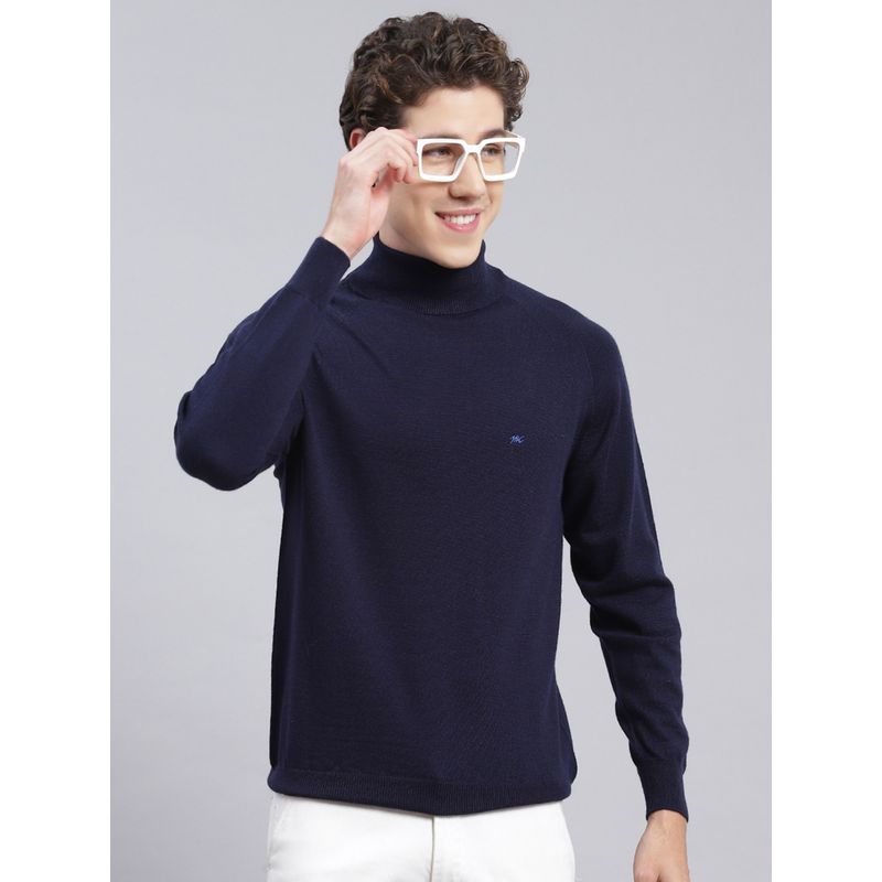Monte Carlo Navy Blue Solid High Neck Pullover Sweater (2XL)