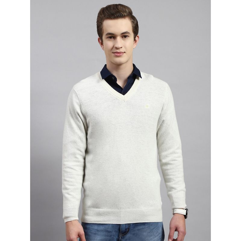 Monte Carlo Off White Solid V Neck Pullover Sweater (L)