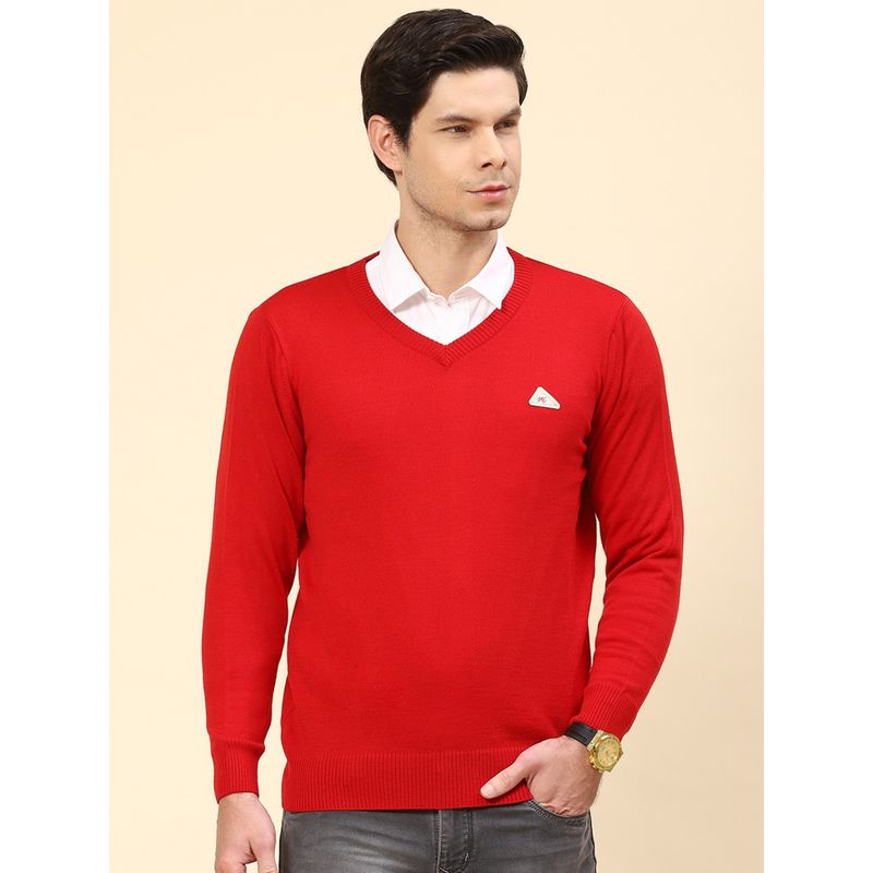Monte Carlo Blood Red Solid V Neck Pullover Sweater (M)