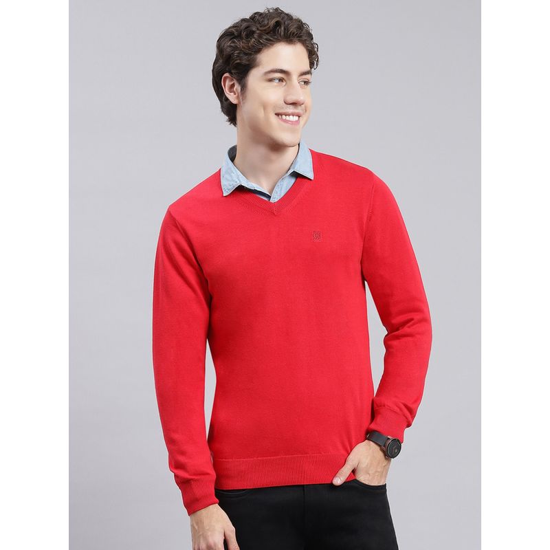 Monte Carlo Red Solid V Neck Pullover Sweater (XL)
