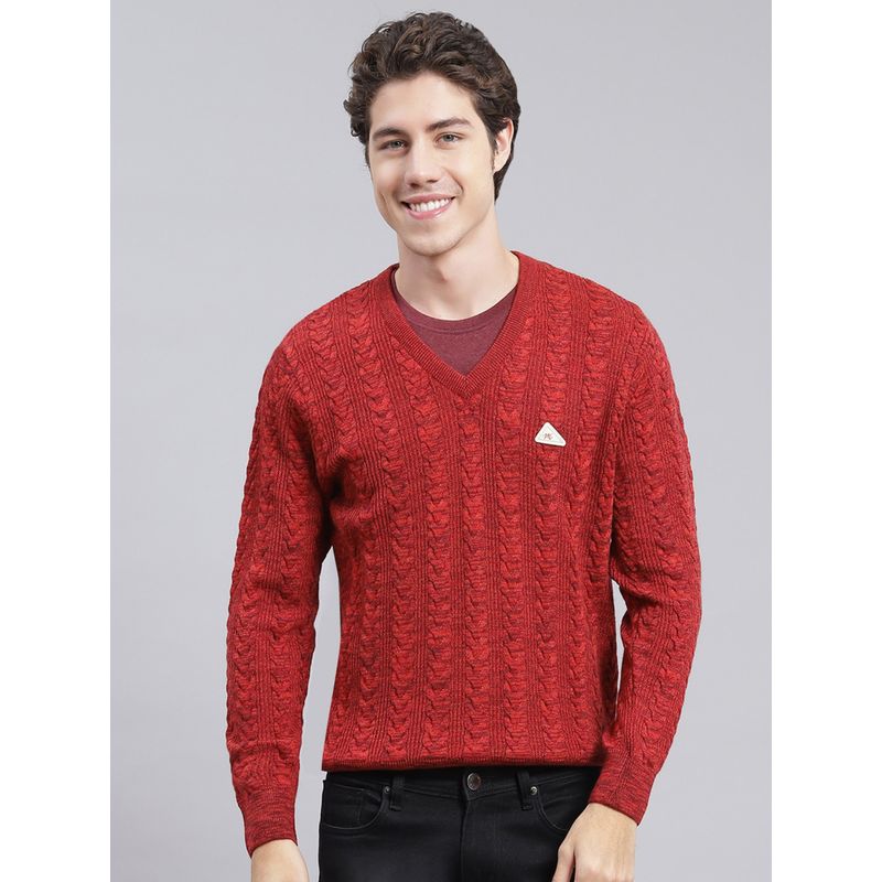 Monte Carlo Maroon Mix Self Design V Neck Pullover Sweater (L)