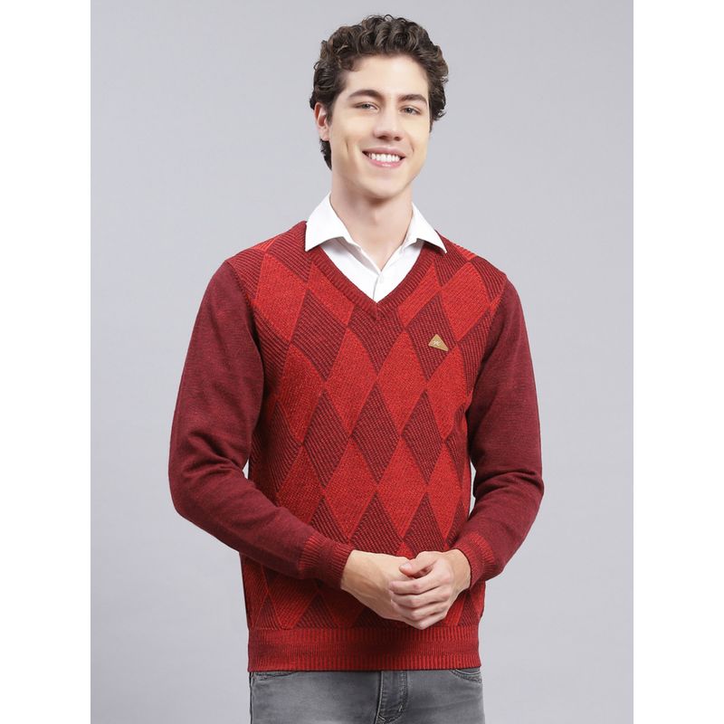 Monte Carlo Maroon Mix Woven V Neck Pullover Sweater (L)