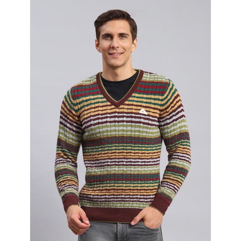 Monte Carlo Maroon Mix Striped V Neck Pullover Sweater (M)