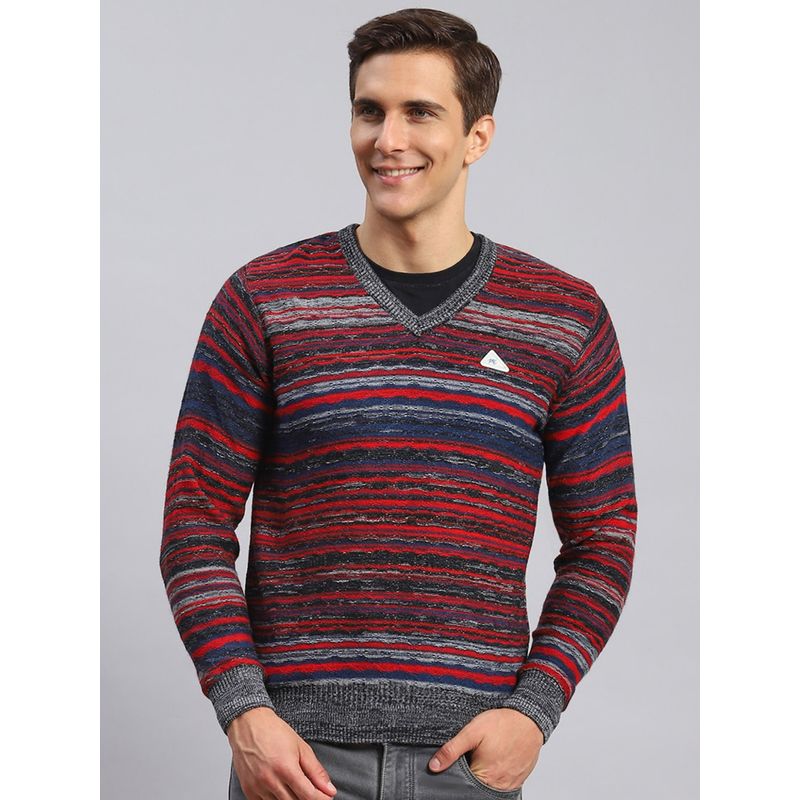 Monte Carlo Grey And Red Mix Striped V Neck Pullover Sweater (L)