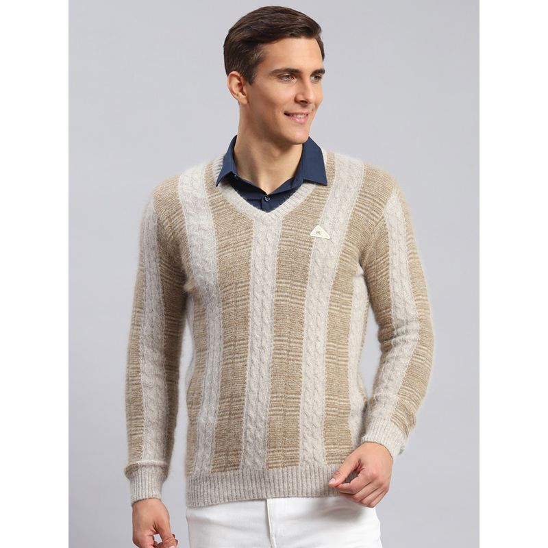 Monte Carlo Light Brown Fawn Mix Striped V Neck Pullover Sweater (2XL)