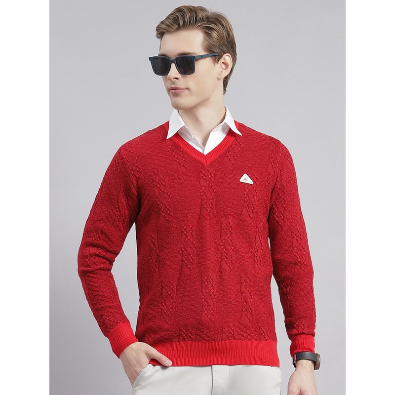 Monte Carlo Blood Red Self Design V Neck Sweater (L)