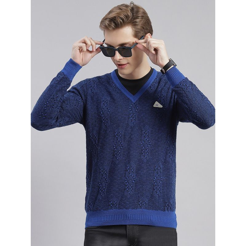 Monte Carlo Royal Blue Self Design V Neck Sweater (2XL)