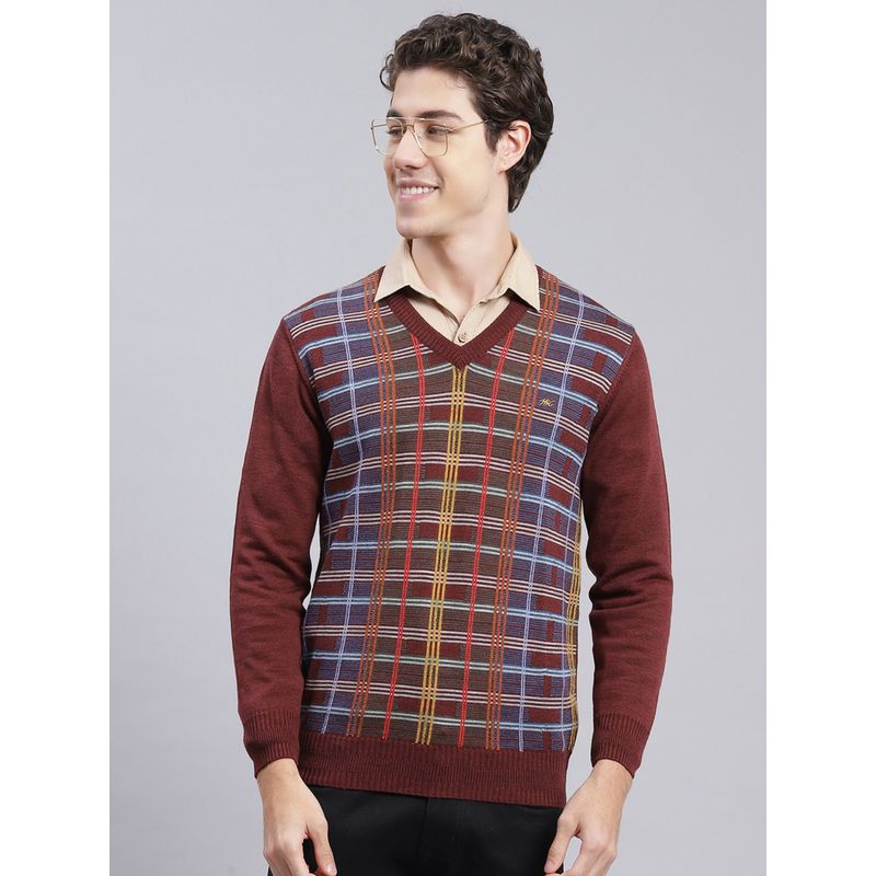 Monte Carlo Ruby Wine Mel Checks V Neck Pullover Sweater (XL)