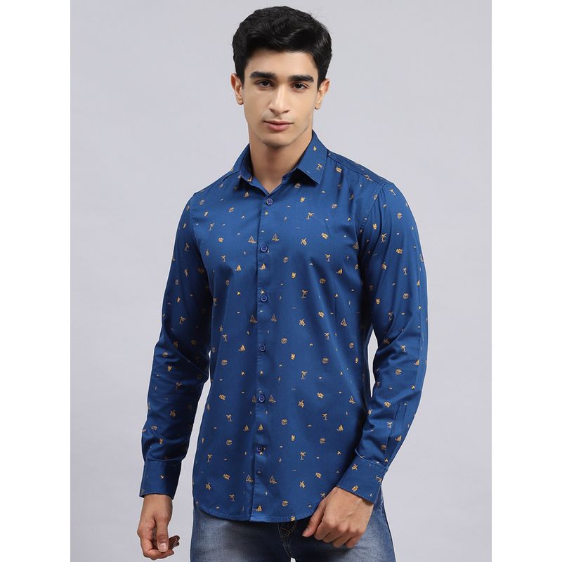 Monte Carlo Navy Blue Printed Separate Collar Shirt (L)