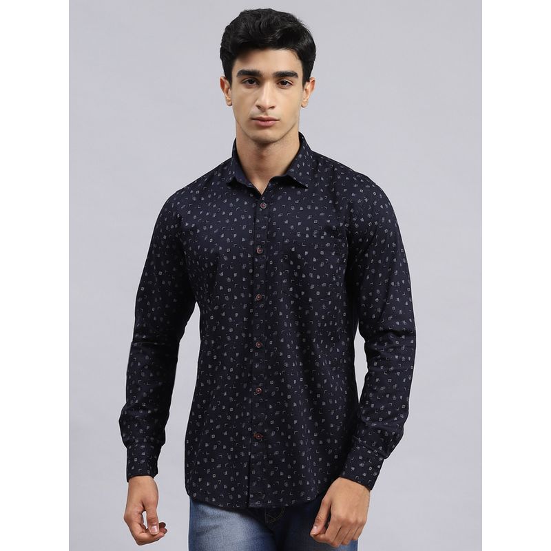 Monte Carlo Navy Blue Printed Separate Collar Shirt (M)