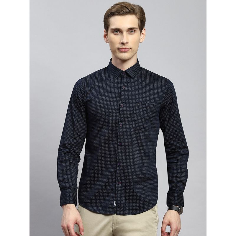 Monte Carlo Dark Navy Blue Printed Separate Collar Shirt (XL)