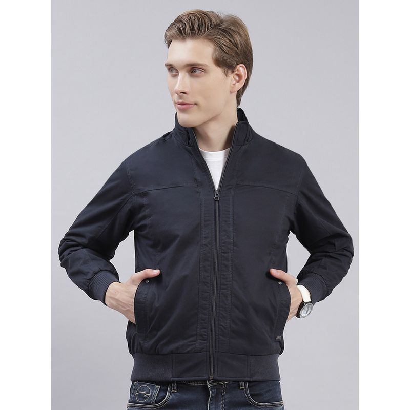 Monte Carlo Navy Blue Solid Stand Collar Jacket (XL)