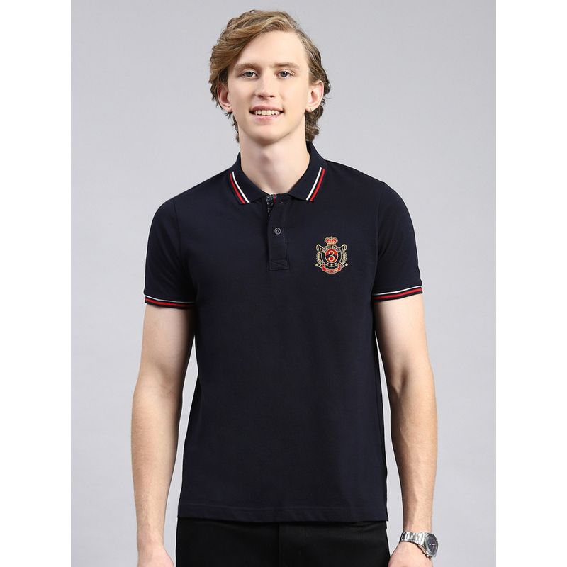 Monte Carlo Navy Blue Solid Polo Collar T-Shirt (M)