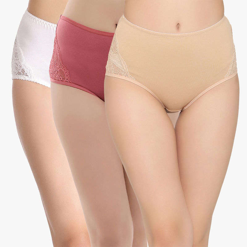 Clovia Pack Of 3 Cotton High Waist Hipster With Lace Sides - Multi-Color (XL)