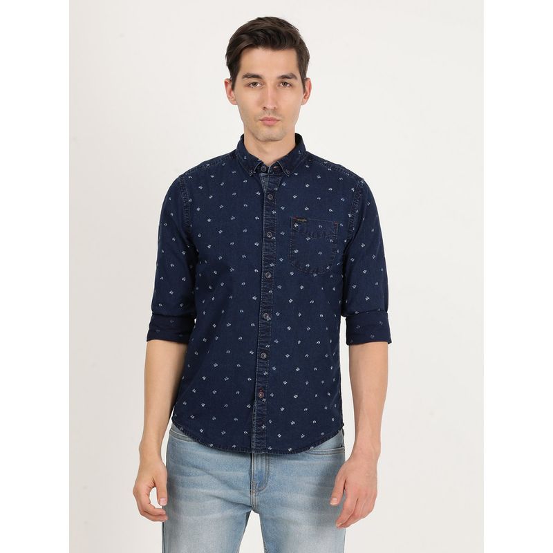 Wrangler Men Printed Blue Shirt (Slim) (S)