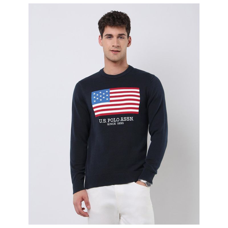 U.S. POLO ASSN. Mens Brand Patterned Knit Regular Fit Sweater - Blue (S)