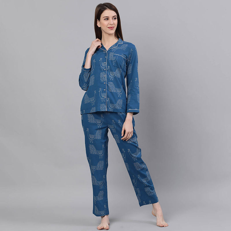 Jaipur Kurti Blue Printed Shirt With Pyjama (Set of 2) (M)