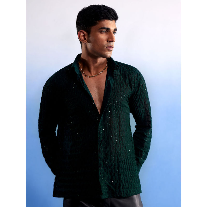 Vastramay Mens Green Georgette Ethnic Shirt (S)