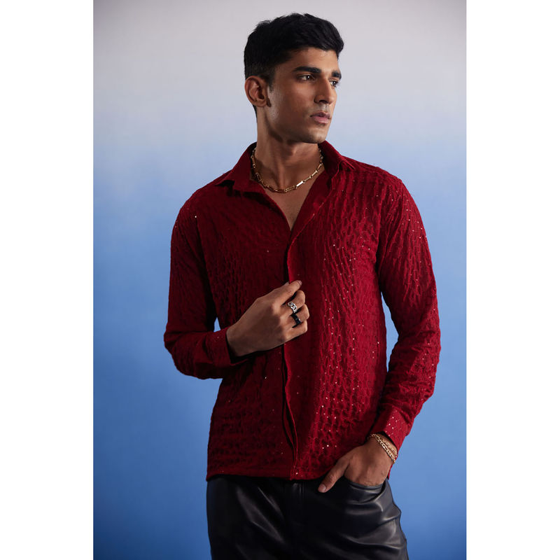 Vastramay Mens Maroon Georgette Ethnic Shirt (S)