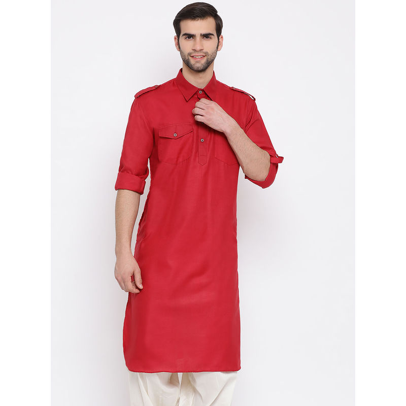 Vastramay Mens Red Cotton Blend Pathani Kurta (S)