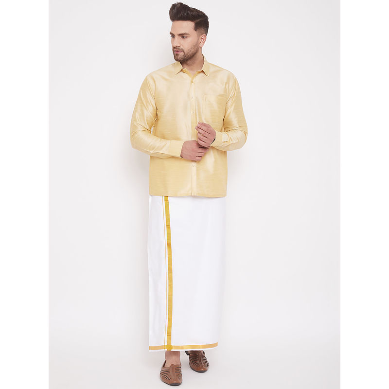 Vastramay Mens Gold and White Silk Blend Shirt And Mundu (Set of 2) (S)