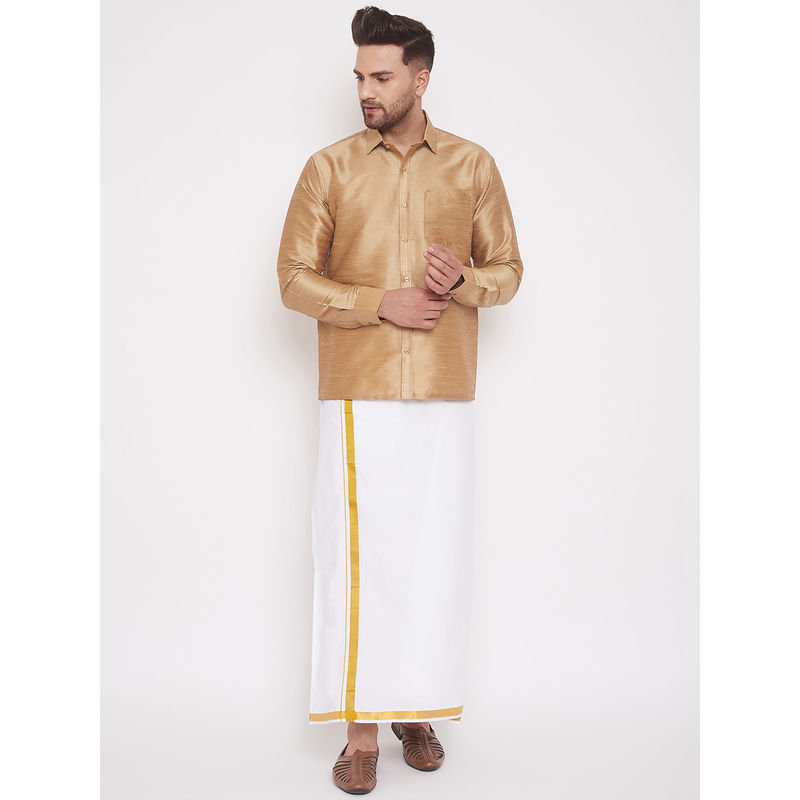 Vastramay Mens Brown and White Silk Blend Shirt And Mundu (Set of 2) (S)