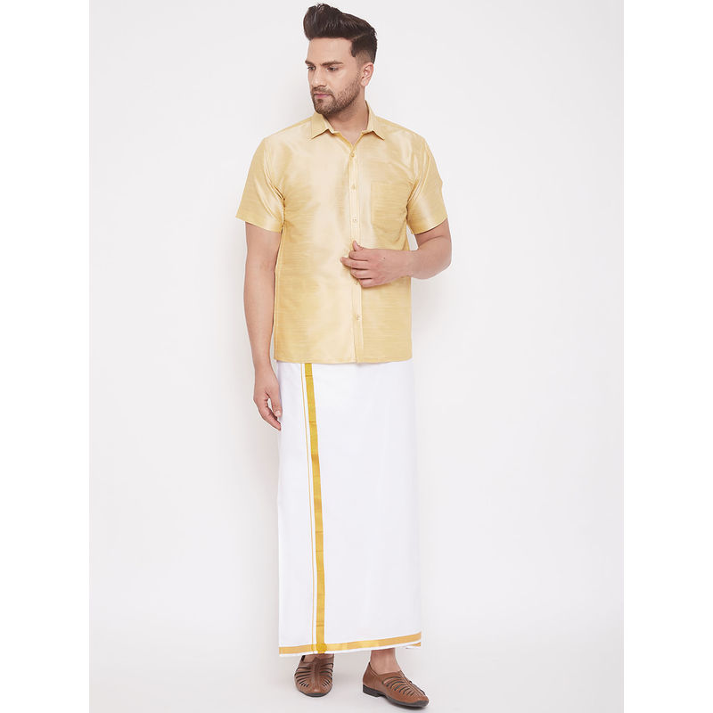 Vastramay Mens Gold and White Silk Blend Shirt And Mundu (Set of 2) (M)
