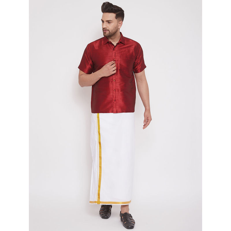 Vastramay Mens Maroon and White Silk Blend Shirt And Mundu (Set of 2) (S)