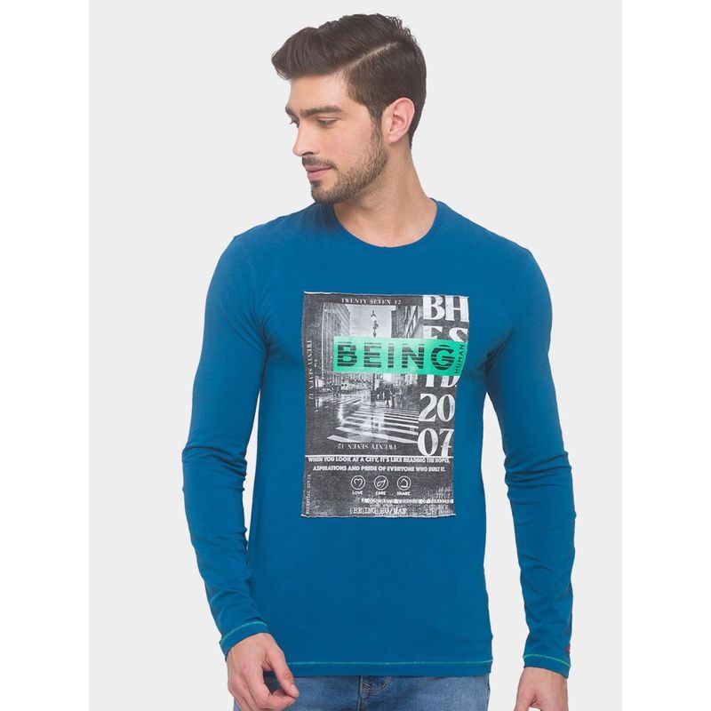 Marine Blue Regular Fit Round Neck Men's T-Shirt by Being Human Clothing (L)