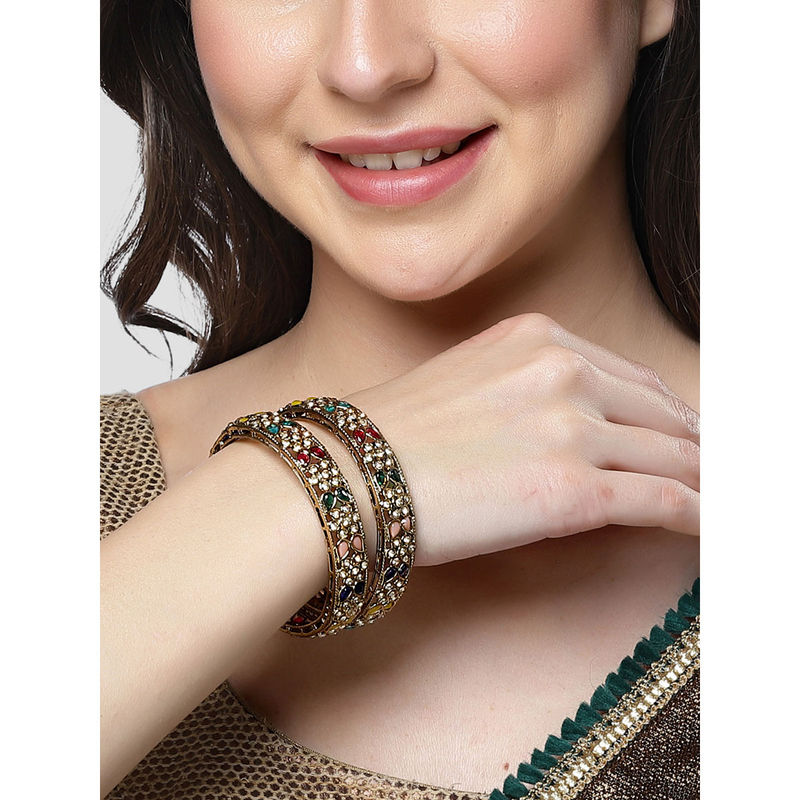 Karatcart Antique Gold Plated Floral Design Multicolor Kundan Studded Kadas for Women (2.4)