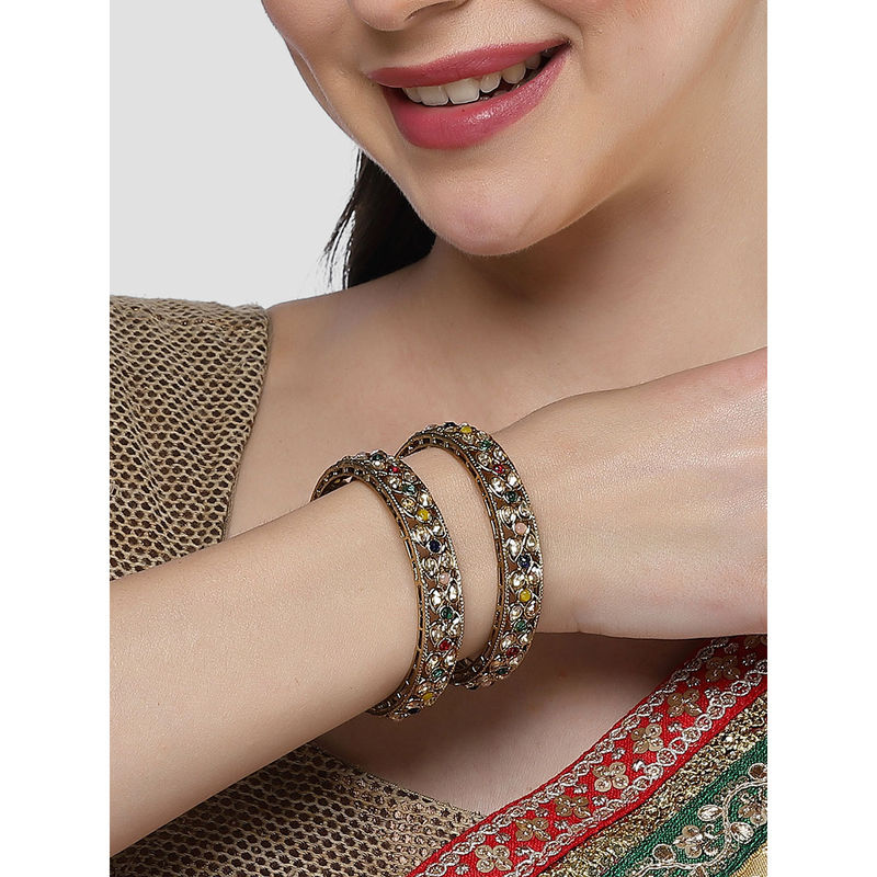 Karatcart Antique Gold Plated Multicolor Kundan Studded Kadas for Women (Set of 2) (2.4)