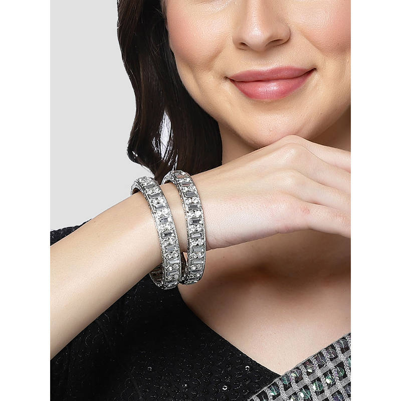 Karatcart Silver Plated Cubic Zirconia Studded Kadas for Women (Set of 2) (2.4)