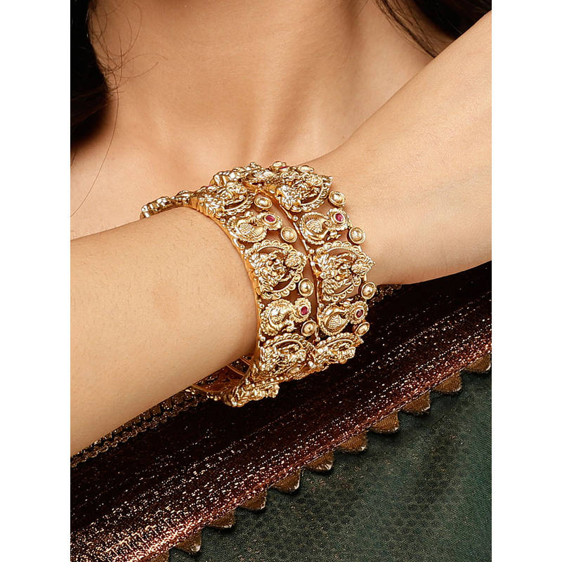 Karatcart Gold Plated Laxmi Mata and Peacock Design Kadas for Women (Set of 2) (2.6)