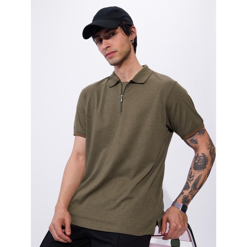 The Souled Store Originals Solid- Dusky Olive Men Polo T-Shirt (2XL)