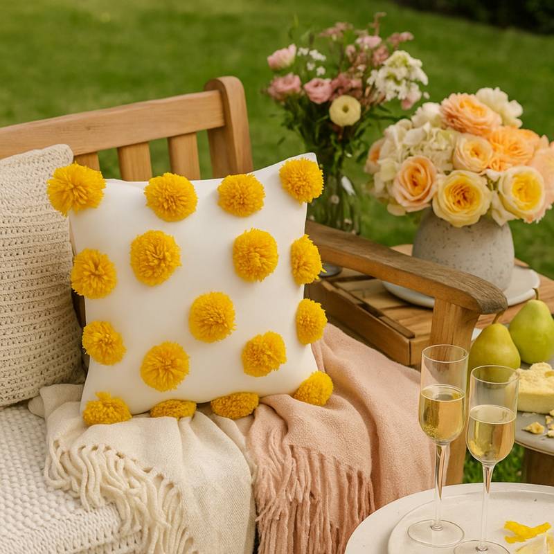 THROW PILLOW Sunny Delight Pom-Poms White with Cheerful Yellow Cushion Cover (12x12 inches)