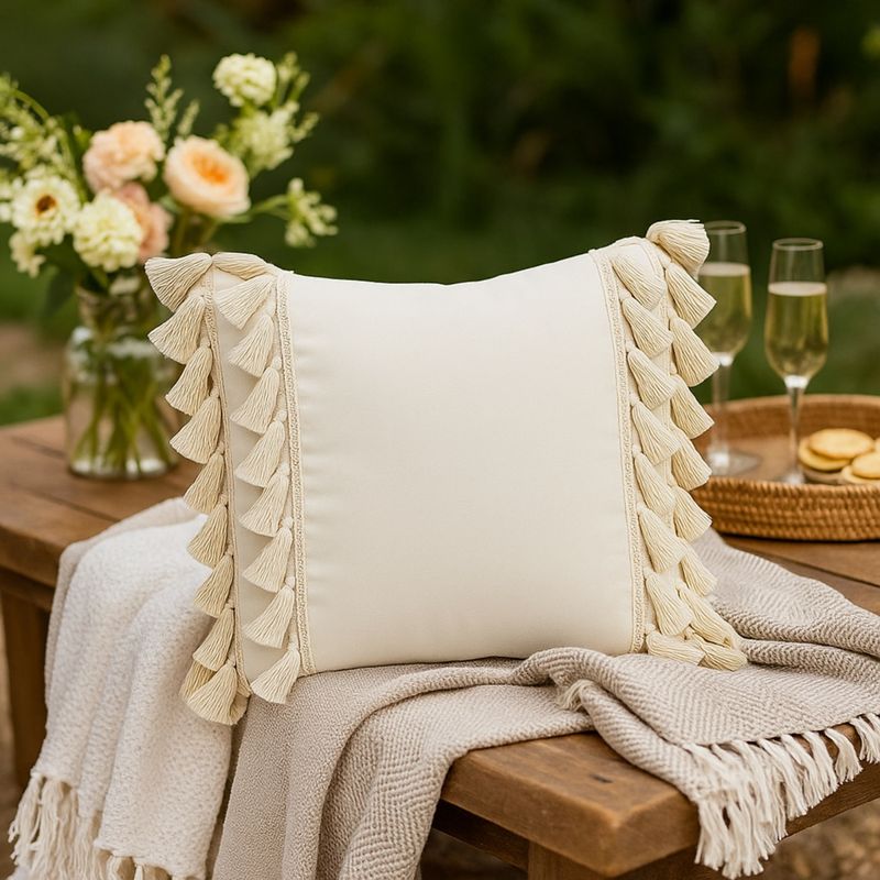 THROW PILLOW Ivory Elegance Delicate Tassel Lace Cushion Cover for Timeless Charm (12x12 inches)