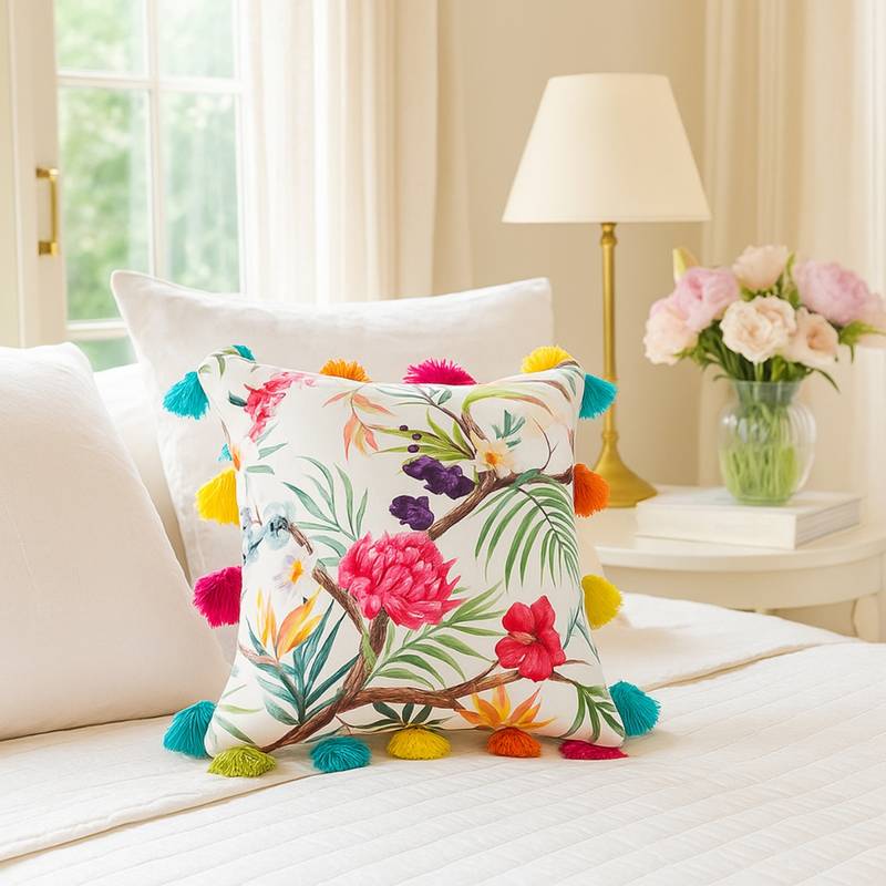 THROW PILLOW Meadow Multicolor Floral Print with Handmade Tassels Cushion Cover (12x12 inches)