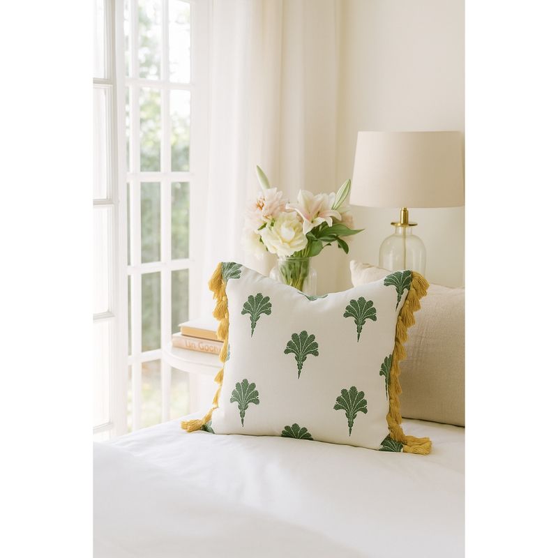 THROW PILLOW Tropical Escape Palm Tree Print with Mustard Tassels Cushion Cover (12x12 inches)