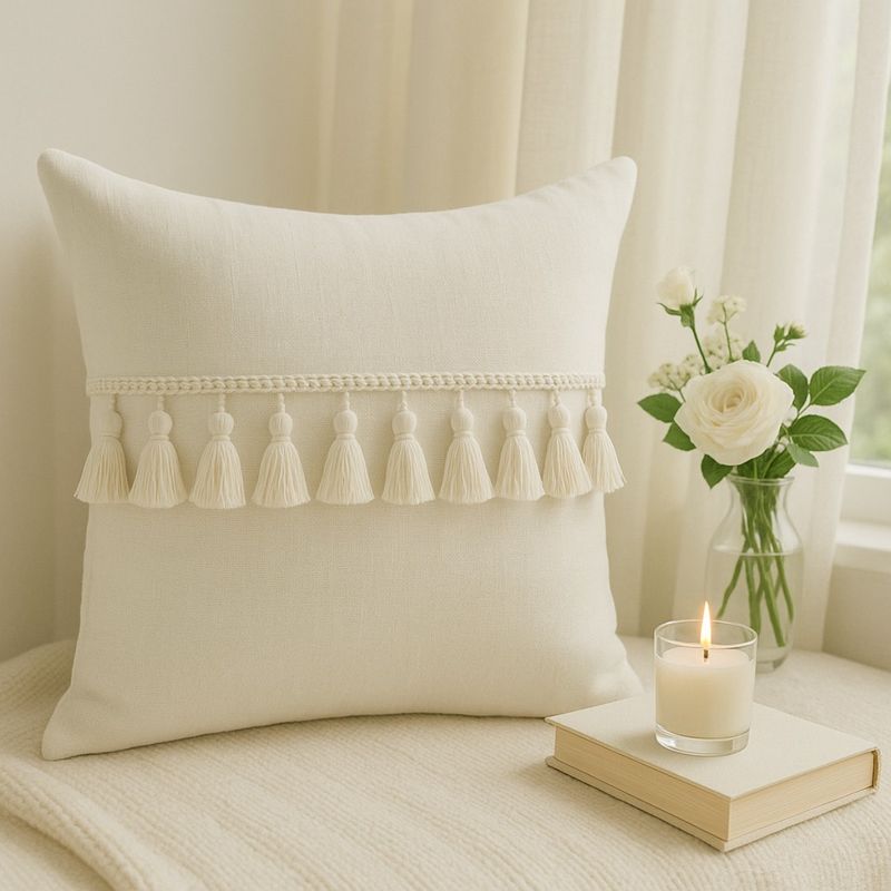 THROW PILLOW Ivory Tassel Dream Elegant Cushion Cover with Delicate Lace (12x12 inches)