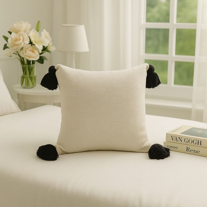 THROW PILLOW Classic Contrast Ivory Basketweave with Black Tassels Cushion Cover (12x12 inches)