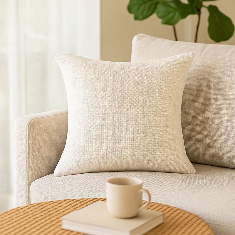 THROW PILLOW Natural Serenity Ivory Cotton Basketweave Solid Cushion Cover (12x12 inches)