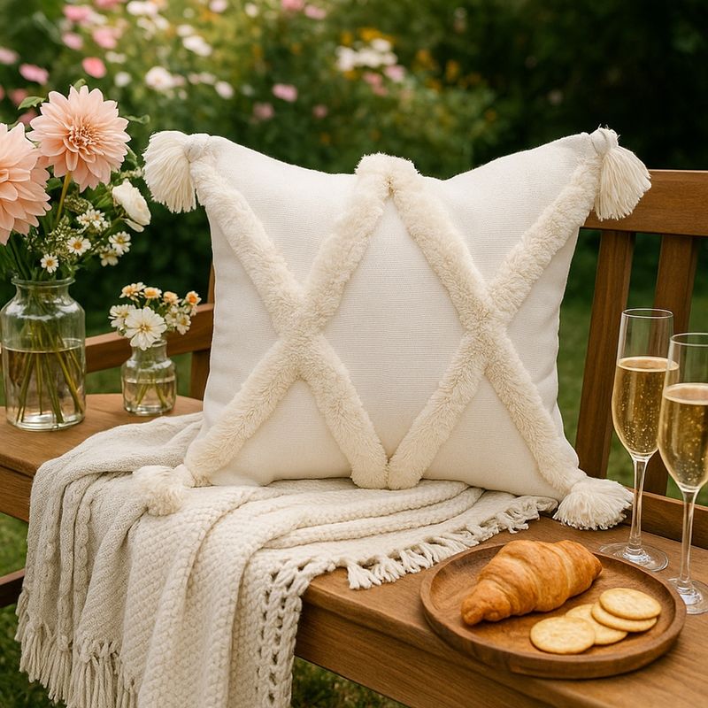 THROW PILLOW Geo-Chic Tufted Crisscross with Handmade Tassels Cushion Cover (12x12 inches)